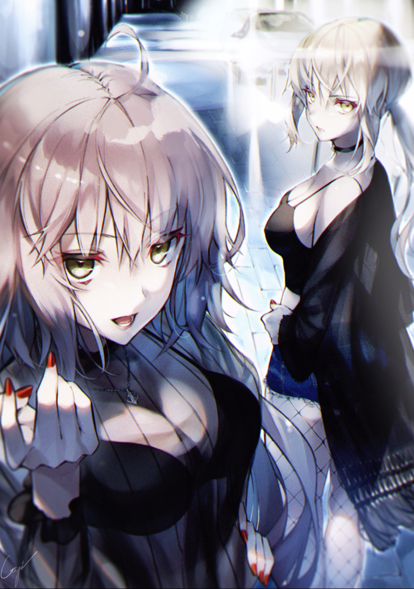2girls ahoge artoria_pendragon_(all) bangs black_bra black_jacket black_tank_top blonde_hair bra breasts car choker cleavage commentary_request fate/grand_order fate_(series) ground_vehicle hair_between_eyes headlight highres jacket jeanne_d'arc_(alter)_(fate) jeanne_d'arc_(fate)_(all) jewelry large_breasts long_hair looking_at_viewer motor_vehicle multiple_girls nail_polish necklace open_mouth ponytail red_nails saber_alter see-through silver_hair standing underwear utayoi_(umakatare) very_long_hair yellow_eyes