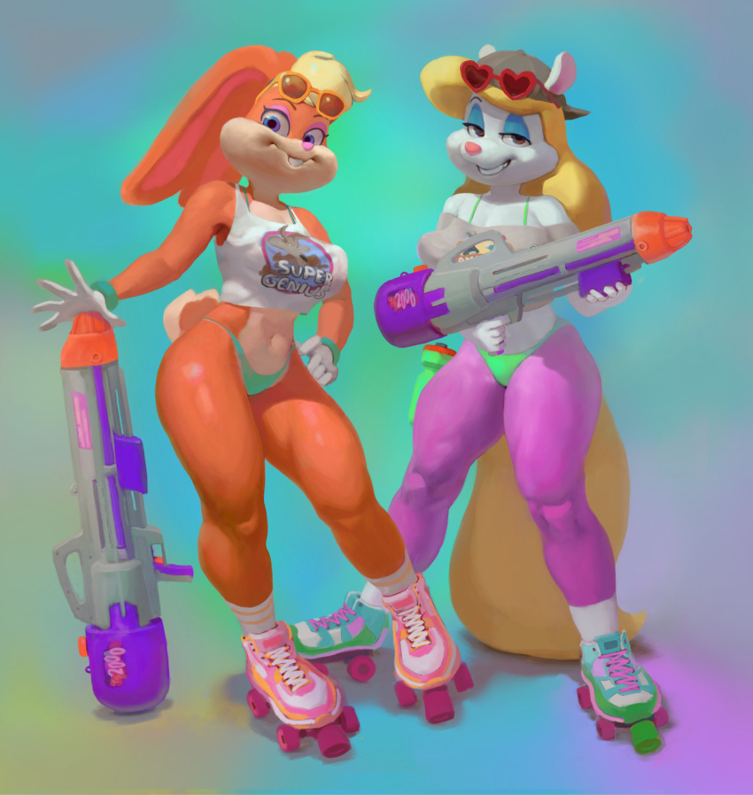 2019 5_fingers abstract_background animaniacs anthro baseball_cap bikini blonde_hair blue_eyes breasts buckteeth clothed clothing duo eyeshadow eyewear female fingers flo gloves hair half-closed_eyes handwear hat headgear headwear hi_res holding_object legwear lola_bunny long_hair looking_at_viewer looney_tunes makeup midriff minerva_mink navel pink_nose rollerskates shirt short_hair smile socks standing sunglasses swimwear tank_top teeth topwear warner_brothers water_gun