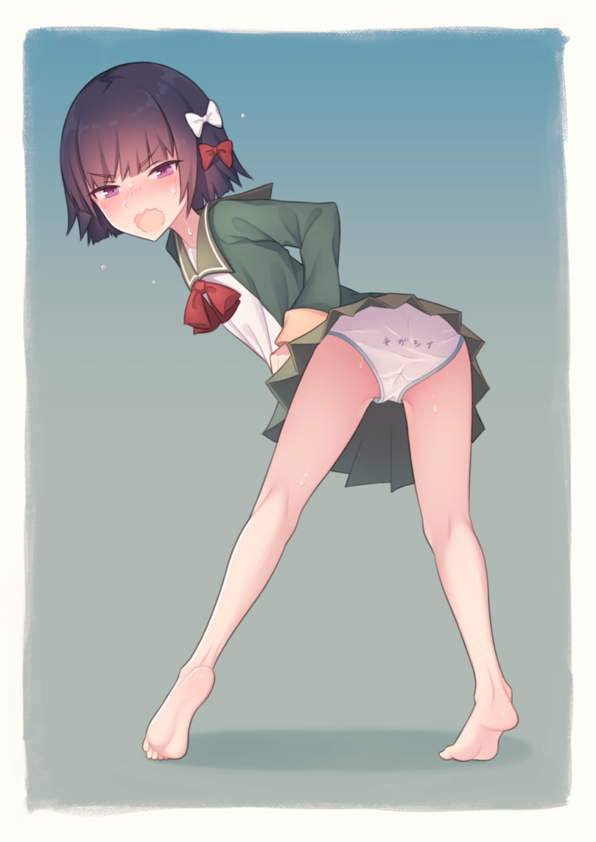 1girl ass barefoot black_hair blush bow eyebrows_visible_through_hair full_body gradient gradient_background green_jacket green_skirt hair_bow hair_ribbon highres ishigaki_(kantai_collection) jacket kantai_collection long_sleeves looking_at_viewer neck_ribbon nishikasai_munieru open_mouth panties pleated_skirt red_ribbon ribbon school_uniform serafuku short_hair skirt soles solo sweatdrop underwear white_panties white_ribbon