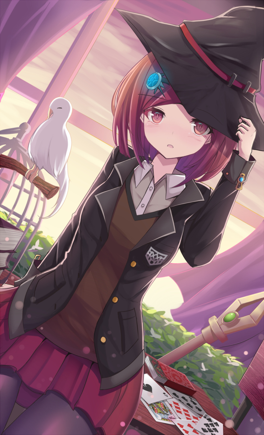 1girl animal bird black_headwear blush card commentary danganronpa english_commentary hair_ornament hairclip hat highres jacket long_sleeves looking_at_viewer miniskirt new_danganronpa_v3 pantyhose playing_card pleated_skirt red_eyes red_hair school_uniform short_hair skirt smile solo staff stratozpherez white_bird window witch_hat yumeno_himiko