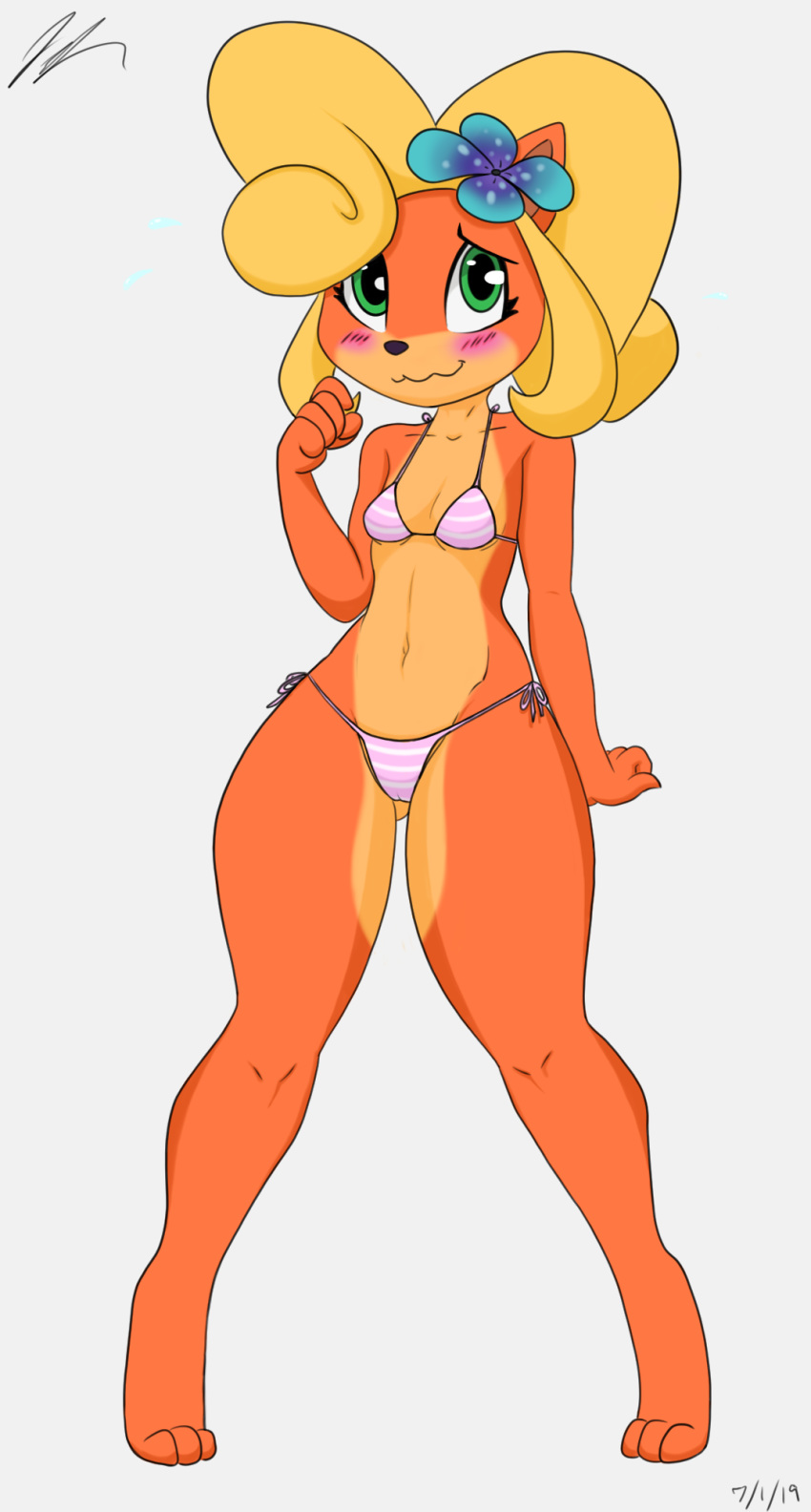 3_toes bandicoot bikini blush bodily_fluids breasts camel_toe clothed clothing coco_bandicoot crash_bandicoot_(series) female flower fringe green_eyes hi_res jeffthehusky mammal marsupial naughty_dog nervous plant ponytail skimpy small_breasts smile sony_corporation sony_interactive_entertainment sweat swimwear thick_thighs toes video_games wide_hips young