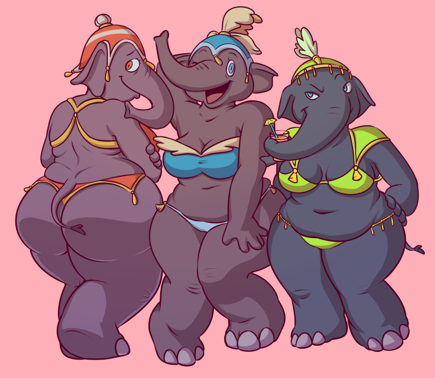 anthro belly big_belly big_breasts big_butt bikini breasts butt catty_(dumbo) cerealharem_(artist) clothing digital_media_(artwork) disney dumbo_(movie) elephant elephantid female giddy_(dumbo) hi_res looking_back mammal open_mouth overweight overweight_female pinup pose prissy_(dumbo) proboscidean rear_view simple_background smile swimwear
