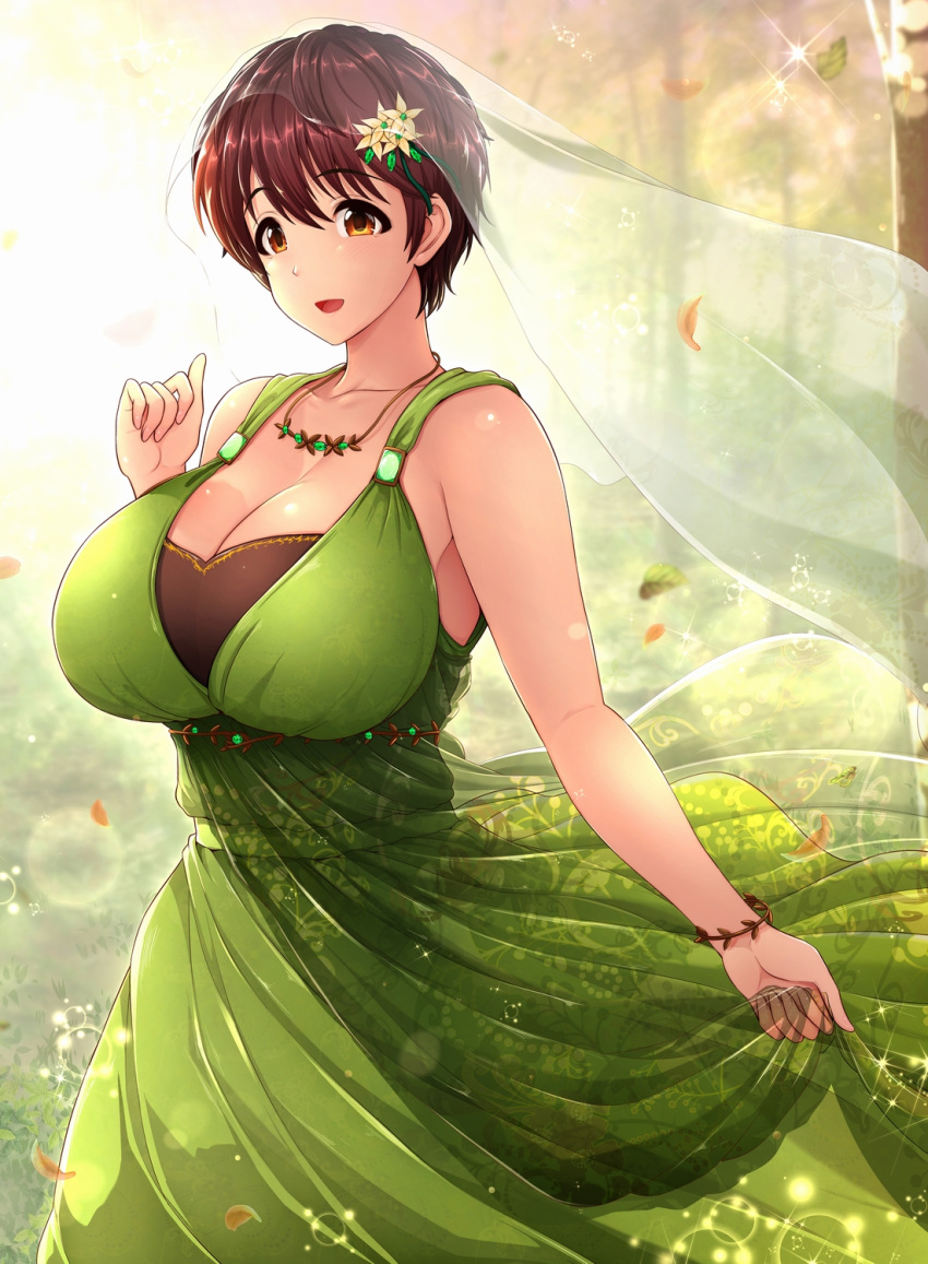 1girl bare_shoulders bracelet breasts brown_eyes brown_hair cleavage collarbone commentary_request day dress eyebrows_visible_through_hair falling_leaves flower green_dress hair_flower hair_ornament hand_up highres holding_skirt huge_breasts idolmaster idolmaster_cinderella_girls jewelry leaf long_skirt necklace oikawa_shizuku open_mouth outdoors revision see-through short_hair skirt tree umasan veil