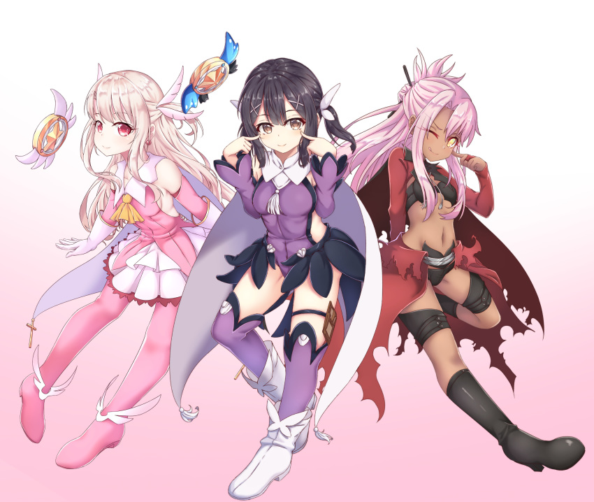 3girls ;q absurdres ascot bangs bare_shoulders black_footwear black_hair boots breasts brown_eyes chloe_von_einzbern closed_mouth commentary_request covered_navel detached_sleeves earrings eyebrows_visible_through_hair fate/kaleid_liner_prisma_illya fate_(series) gloves gradient gradient_background hair_between_eyes hair_ornament hairclip highres illyasviel_von_einzbern jewelry knee_boots latin_cross leotard light_brown_hair long_hair long_sleeves magical_ruby magical_sapphire medium_breasts miyu_edelfelt multiple_girls navel one_eye_closed pink_background pink_footwear pink_hair pink_legwear pink_shirt pink_sleeves pleated_skirt prisma_illya purple_legwear purple_leotard purple_sleeves red_eyes shirt skirt sleeveless sleeveless_shirt small_breasts smile thigh_boots thighhighs tongue tongue_out very_long_hair white_background white_footwear white_gloves white_skirt x_hair_ornament yellow_eyes yellow_neckwear zongren