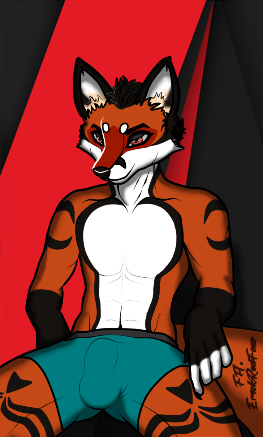 2019 anthro bottomwear boxer_(disambiguation) brown_eyes bulge canid canine clothing digital_media_(artwork) erickredfox fox fur hi_res male mammal pants red_fur redrick simple_background smile solo underwear