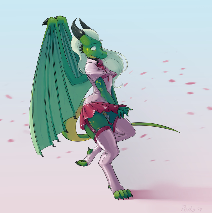 accidental_exposure anthro bottomwear chastity_cage chastity_device clothed clothing collar crossdressing dragon fully_clothed garter_belt garter_straps girly green_tail hair hi_res legwear long_hair male membrane_(anatomy) membranous_wings no_underwear penis peskybatfish raised_clothing raised_skirt scalie sex_toy skirt solo stockings wardrobe_malfunction western_dragon wind_lift wings