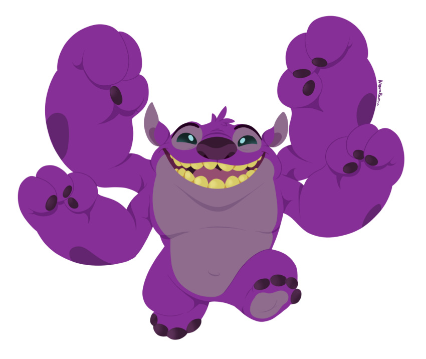 2019 4_arms 4_toes alien alpha_channel angoraram arm_markings blue_eyes digital_drawing_(artwork) digital_media_(artwork) disney experiment_(lilo_and_stitch) fur happy head_tuft kixx lilo_and_stitch lineless lineless_art looking_at_viewer markings multi_arm multi_limb muscular open_mouth open_smile purple_fur purple_nose raised_arm signature simple_background smile solo toes transparent_background