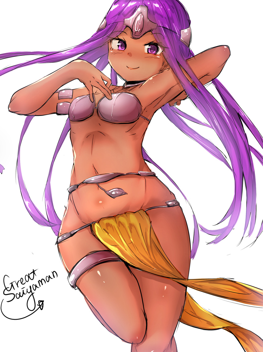 1girl absurdres armor armpits arms_up bikini_armor bikini_top breasts circlet dancer dancing dark_skin dragon_quest dragon_quest_iv groin highres loincloth long_hair lowleg manya navel purple_eyes purple_hair satinuhe simple_background small_breasts smile solo standing standing_on_one_leg thighlet white_background