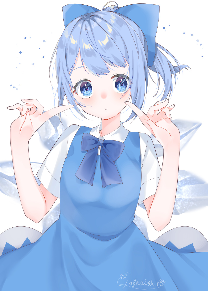 1girl abe_suke absurdres bangs blue_bow blue_dress blue_eyes blue_hair blush bow cirno collared_shirt commentary_request dress dress_shirt eyebrows_visible_through_hair fingernails hair_bow hands_up high_ponytail highres parted_lips ponytail shirt short_sleeves signature sleeveless sleeveless_dress solo touhou white_shirt