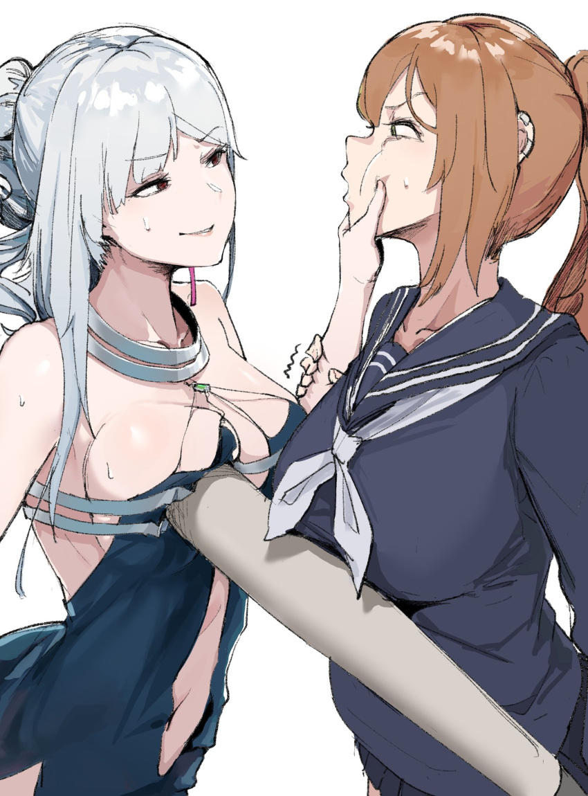 2girls ak-12_(girls_frontline) alternate_costume arm_grab backless_dress backless_outfit banchou bare_shoulders bat breast_poke breasts brown_hair cheek_squash collarbone dress eye_contact eyebrows_visible_through_hair faceoff girls_frontline grabbing gz_(gzdteee) halter_dress hands_on_another's_cheeks hands_on_another's_face highres large_breasts long_hair looking_at_another m1903_springfield_(girls_frontline) multiple_girls navy_blue_serafuku parted_lips poking silver_hair simple_background sleeveless sleeveless_dress sweater white_background