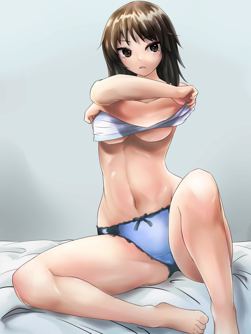 1girl absurdres bangs bed_sheet black_eyes black_hair blue_panties bow bow_panties breasts commentary crotch_seam full_body girls_und_panzer grey_background highres kakimoto_nao large_breasts leaning_to_the_side legs light_frown long_hair looking_at_viewer murakami_(girls_und_panzer) navel no_bra no_pants on_bed panties parted_lips ribs shirt shirt_lift sitting solo underboob underwear undressing white_shirt