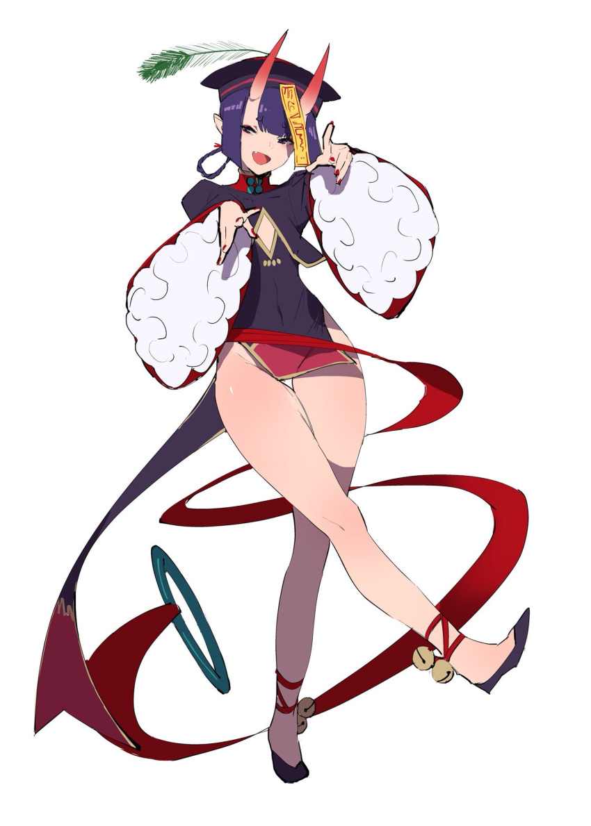 1girl bangs bell blush bob_cut chinese_clothes cleavage_cutout eyebrows_visible_through_hair eyeliner eyeshadow fate/grand_order fate_(series) full_body hair_rings hat heroic_spirit_chaldea_park_outfit highres horns jiangshi jikatarou jingle_bell looking_at_viewer makeup nail_polish ofuda oni oni_horns open_mouth outstretched_arms purple_eyes purple_hair red_nails short_eyebrows short_hair shuten_douji_(fate/grand_order) solo wide_sleeves zombie_pose