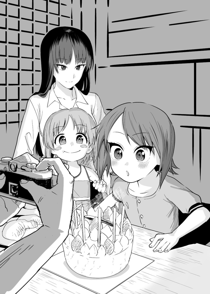 1boy 3girls bangs birthday birthday_cake black_hair blowing blunt_bangs blush cake camera camera_flash candle collarbone food fruit girls_und_panzer highres long_hair long_sleeves looking_at_another monochrome mother_and_daughter multiple_girls nishizumi_maho nishizumi_miho nishizumi_shiho open_mouth shirt short_hair short_sleeves siblings sisters smile strawberry taking_picture yawaraka_black younger