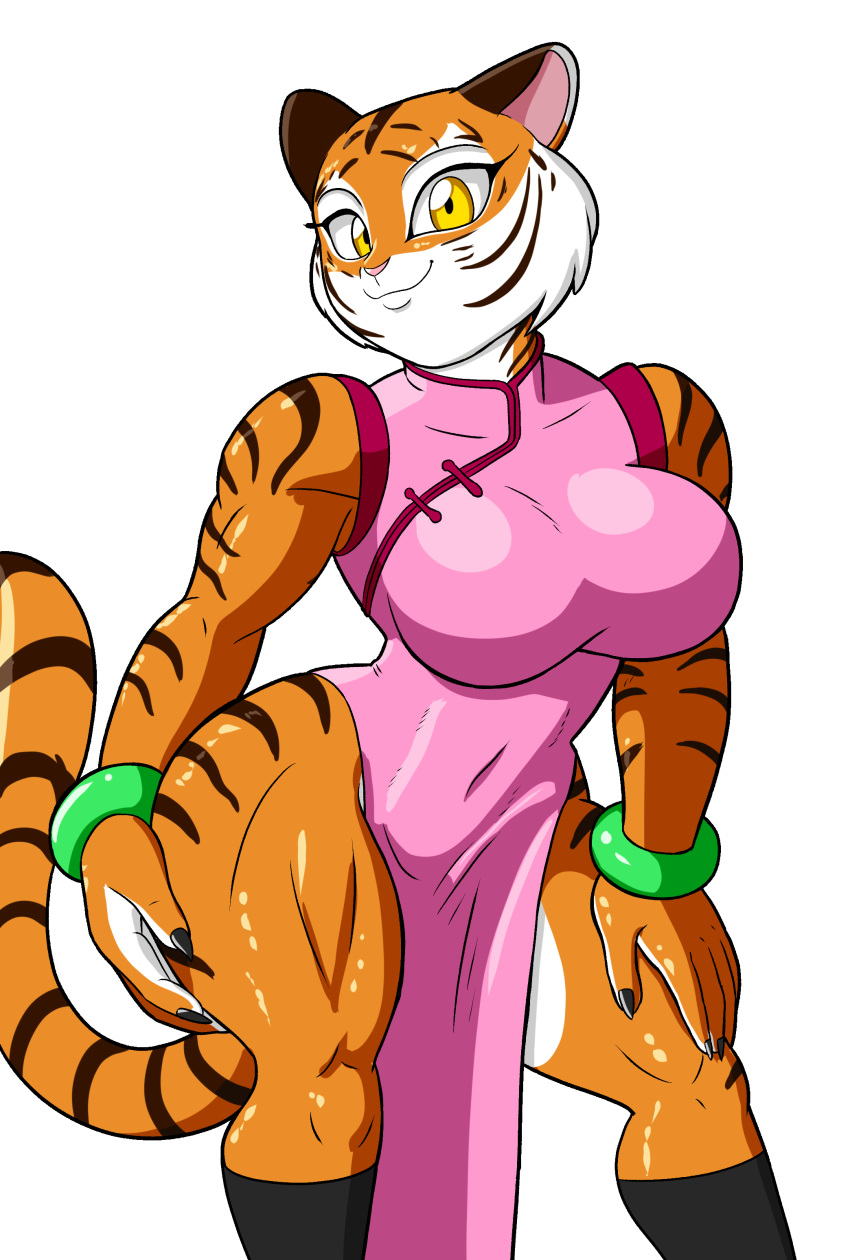 absurd_res anthro big_breasts bracelet breasts chinese_clothing chinese_dress claws clothing dress eyelashes felid female hi_res jewelry legwear looking_at_viewer mammal muscular muscular_female pantherine simple_background smile socks solo stripes thin_waist tiger tortoisesensei white_background wide_hips yellow_eyes