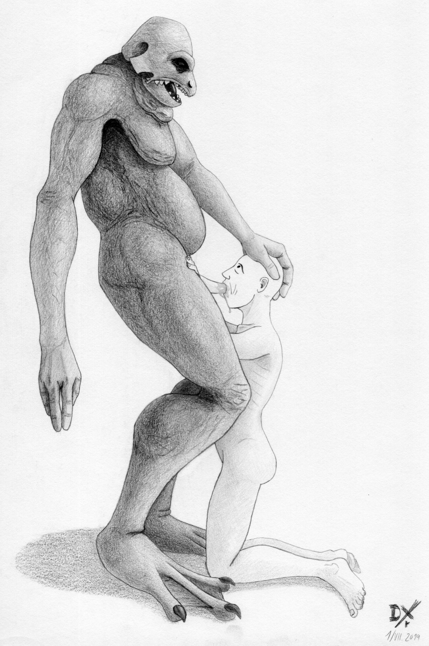 2019 4_fingers 5_toes absurd_res ambiguous_gender amphibian anthro bald barefoot belly biceps big_feet bodily_fluids butt claws dated dekxer dot_eyes earhole eyebrows feet fellatio fingers genital_fluids graphite_(artwork) hand_on_head hand_on_thigh hi_res horizontal_pupils human humanoid_hands kneeling male mammal membrane_(anatomy) monochrome nude oral pencil_(artwork) penile penis plantigrade precum saliva sex simple_background snout standing teeth toe_claws toes tongue traditional_media_(artwork) webbed_feet