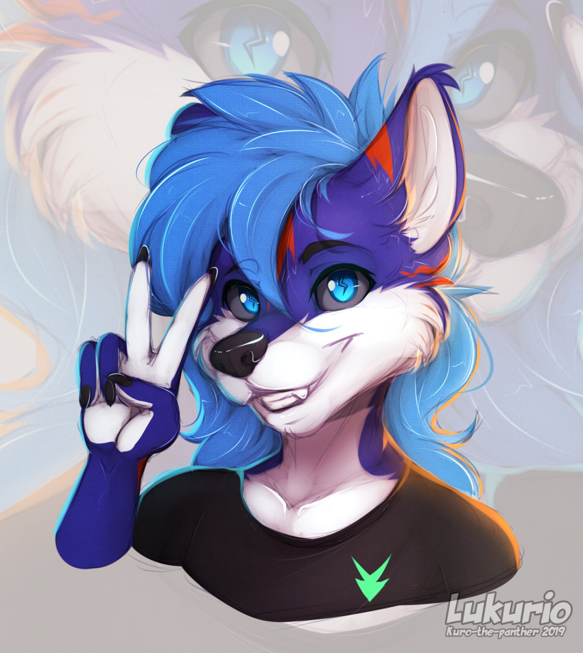 2019 5_fingers absurd_res anthro black_nose blue_eyes digital_media_(artwork) fingers fur gesture grey_sclera hi_res looking_at_viewer lu_kurio lukurio male smile solo v_sign white_fur