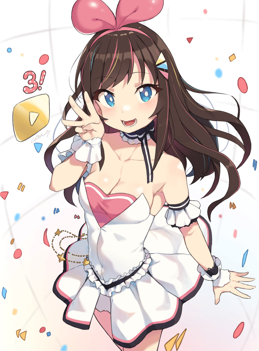 1girl :d a.i._channel absurdres arm_garter bare_shoulders blue_eyes breasts brown_hair choker cleavage cloba collarbone commentary_request cowboy_shot dress frilled_choker frills hair_ornament hairband highres kizuna_ai long_hair looking_at_viewer medium_breasts multicolored_hair open_mouth play_button signature smile solo standing streaked_hair virtual_youtuber w white_dress