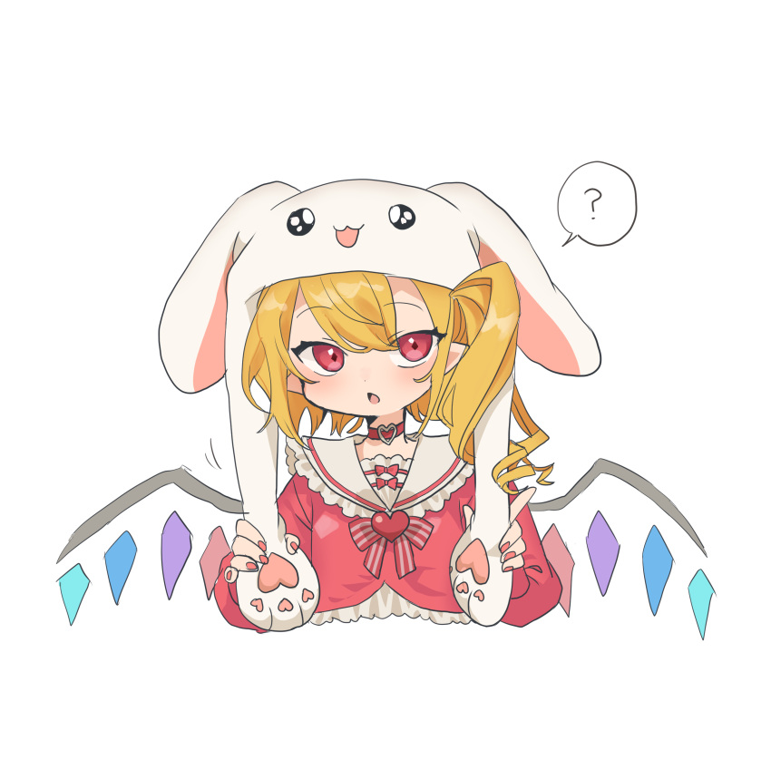 :3 :o ? absurdres animal_ears animal_hood blonde_hair brooch bunny_ears bunny_hood choker commentary_request crystal dress ears_down eyebrows_visible_through_hair fingernails flandre_scarlet frilled_dress frills hair_between_eyes heart highres hood jewelry looking_at_viewer medium_hair neckerchief one_side_up pointy_ears red_choker red_dress red_eyes red_nails semimaru_(user_zzuy5884) touhou upper_body wings
