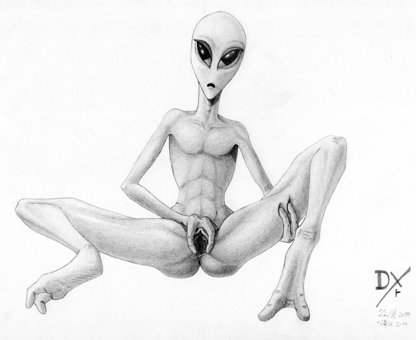 2019 2_toes 3_fingers absurd_res alien anus barefoot black_eyes butt clitoris dekxer digitigrade earless empty_eyes feet female fingers graphite_(artwork) hand_on_thigh hi_res humanoid long_neck looking_at_viewer monochrome noseless not_furry nude pencil_(artwork) presenting presenting_pussy pussy roswell_grey simple_background solo spread_legs spread_pussy spreading toes traditional_media_(artwork)