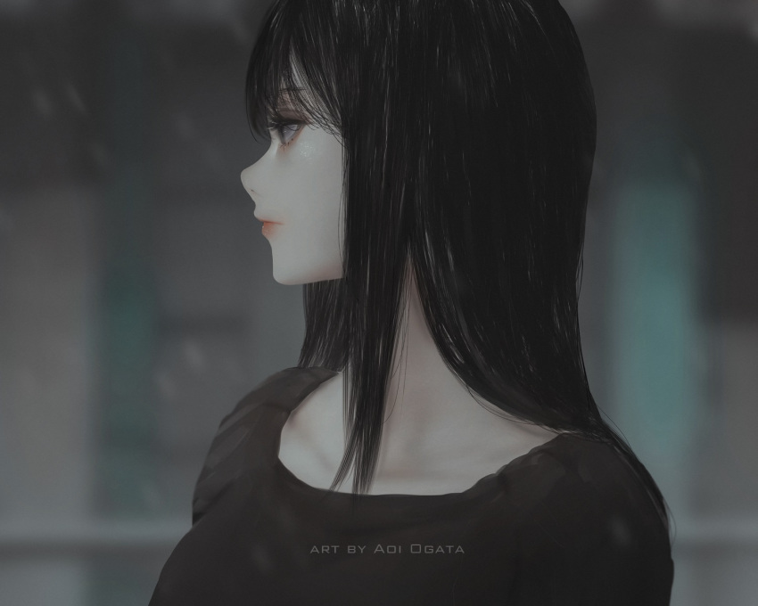 1girl aoi_ogata artist_name bangs black_hair black_shirt blurry blurry_background closed_mouth commentary depth_of_field english_commentary grey_eyes hair_between_eyes highres long_hair looking_away looking_to_the_side original profile shirt solo upper_body