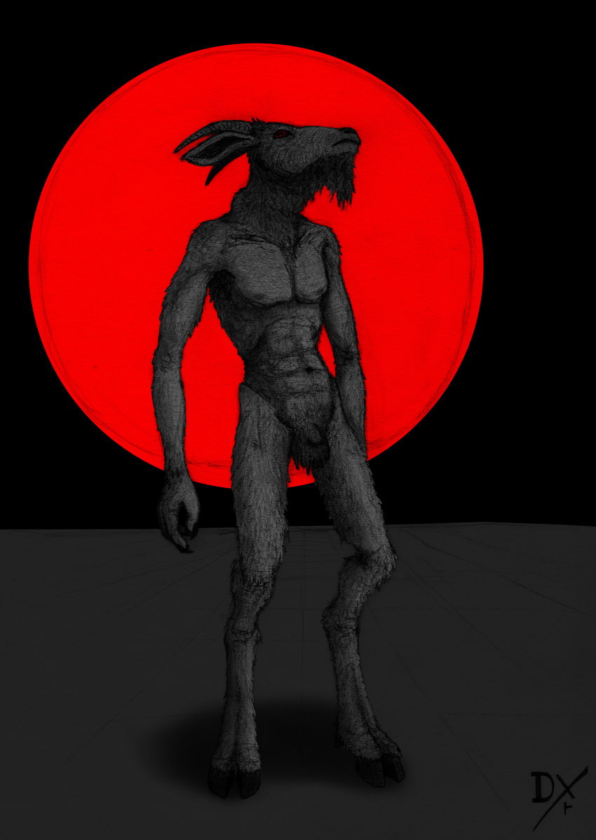 2019 absurd_res animal_humanoid anthro balls bovid caprine caprine_demon claws crotch_fur dark_fur dekxer demon flaccid fur fuzzy_balls graphite_(artwork) hi_res hooves horizontal_pupils horn humanoid male mammal monochrome navel nipples pencil_(artwork) penis red_eyes simple_background solo standing traditional_media_(artwork)