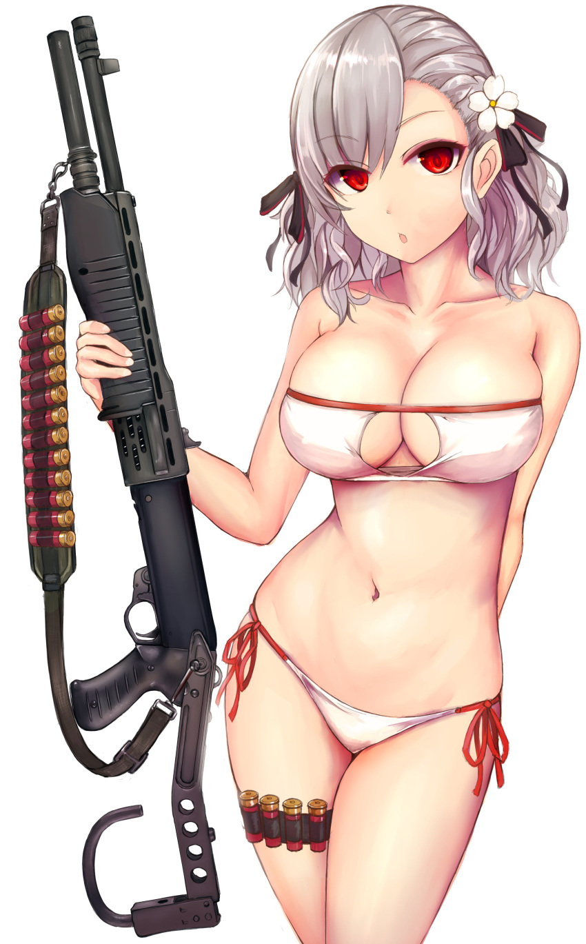 1girl :o absurdres bandolier bangs bikini blush breasts cartridge cleavage commentary_request cowboy_shot eyebrows_visible_through_hair flower franz_(217franz) girls_frontline gun hair_flower hair_ornament hair_ribbon highres holding holding_weapon large_breasts looking_at_viewer navel red_eyes ribbon shotgun side-tie_bikini silver_hair solo spas-12 spas-12_(girls_frontline) swimsuit thigh_strap twintails weapon white_background white_bikini