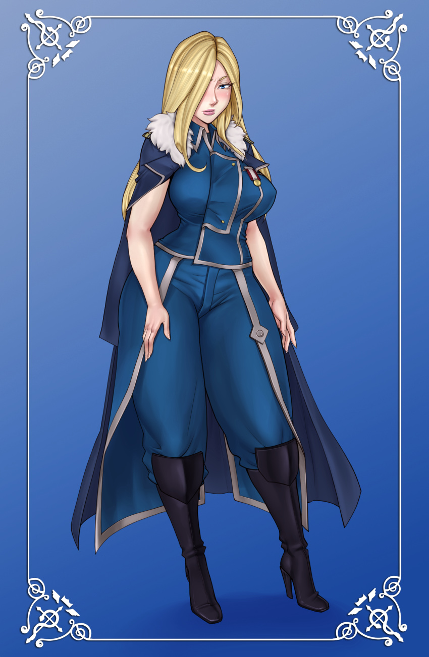 1girl blonde_hair blue_background blue_hair blush boots breasts closed_mouth coat full_body fullmetal_alchemist fur_collar gradient gradient_background hair_over_one_eye high_heel_boots high_heels highres large_breasts lips lm_(legoman) long_hair looking_at_viewer military military_uniform olivier_mira_armstrong pants shiny shiny_hair shiny_skin shunori simple_background solo standing uniform
