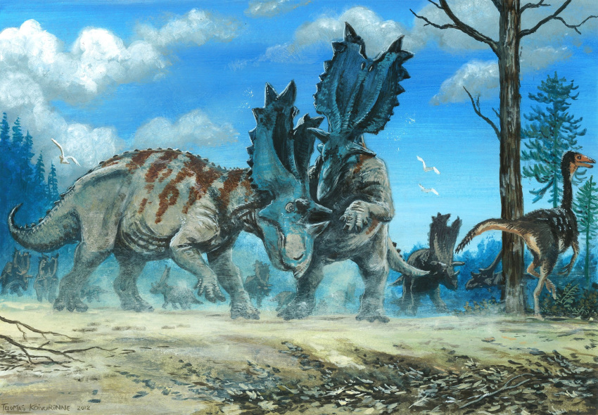 2012 ambient_bird avian biped bird ceratopsian cloud detailed_background dinosaur dirt fight group hi_res horn ornithomimid quadruped reptile scalie signature sky theropod thick_tail traditional_media_(artwork) tree tuomas_koivurinne utahceratops