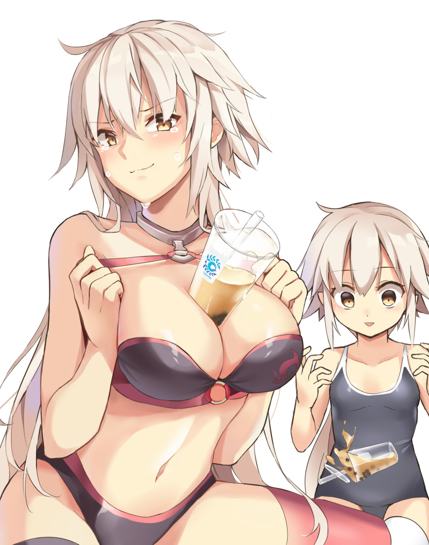 2girls ahoge bikini black_bikini black_choker blue_swimsuit breasts bubble_tea_challenge choker cleavage commentary_request fate/grand_order fate_(series) highres jeanne_d'arc_(alter_swimsuit_berserker) jeanne_d'arc_(fate)_(all) jeanne_d'arc_alter_santa_lily large_breasts multiple_girls o-ring o-ring_bikini o-ring_bottom o-ring_top pj small_breasts smile swimsuit white_background white_legwear yellow_eyes