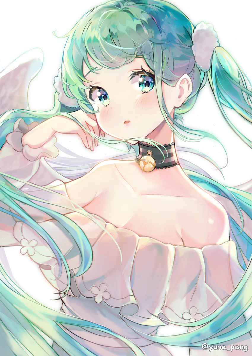1girl angel_wings aqua_eyes aqua_hair bare_shoulders bell bell_collar blush breasts cleavage collar collarbone detached_sleeves dress dress_flower frilled_collar frilled_sleeves frills hair_ornament hatsune_miku highres long_hair looking_at_viewer parted_lips see-through twintails twitter_username very_long_hair vocaloid white_background white_dress wings yuna_(deadawon)