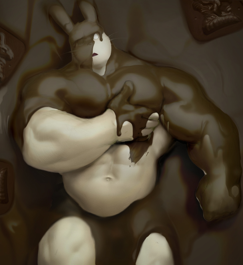 2019 abs anthro candy chocolate food lagomorph leporid male mammal muscular muscular_male navel open_mouth partially_submerged pec_grasp pecs rabbit solo uleezoo