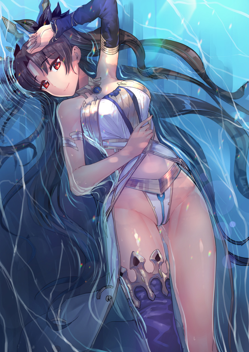 1girl asymmetrical_legwear black_bow blue_legwear blue_sleeves bow bracelet breasts brown_hair chung_cthemax closed_mouth detached_sleeves eyebrows_visible_through_hair fate/grand_order fate_(series) from_above groin hair_bow highleg highleg_panties highres ishtar_(fate/grand_order) jewelry long_hair long_sleeves looking_at_viewer lying medium_breasts midriff navel on_back panties red_eyes single_sleeve single_thighhigh smile solo stomach thighhighs underwear very_long_hair water white_panties