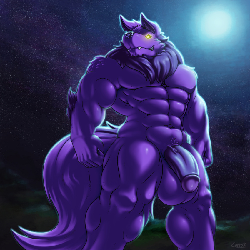 1:1 2019 abs anthro arm_tuft balls biceps big_balls big_muscles big_penis big_tail black_lips black_sclera canid canine canis chin_tuft corrsk crotch_tuft detailed_background digital_media_(artwork) fangs flaccid fur glowing glowing_eyes hi_res humanoid_penis kastral lips male mammal moon muscular muscular_male night nude outside pecs penis purple_fur shoudler_tuft sky smile solo star thick_penis tuft were werecanid werecanine werewolf wolf yellow_eyes