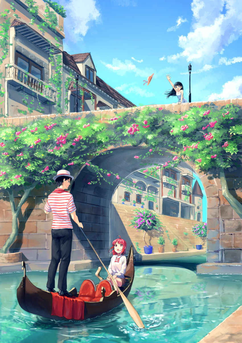 1boy 2girls :d :o ahoge black_hair black_pants boat bridge building canal day dress flower gondola hat highres kurageso long_hair looking_at_viewer looking_up multiple_girls open_mouth original outdoors pants pink_flower plant potted_plant red_eyes red_hair scenery shirt short_hair short_sleeves sitting sky smile standing striped striped_shirt sun_hat sundress tree uniform vines water watercraft waving white_headwear wind