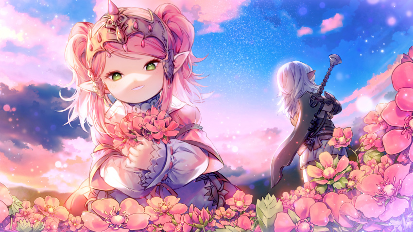 2girls armor black_joa cloud crossed_arms dress facing_away final_fantasy final_fantasy_xiv flower green_eyes highres lalafell long_hair long_sleeves multiple_girls nanamo_ul_namo outdoors pink_dress pink_hair pointy_ears silver_hair skirt sky smile star_(sky) sword thighhighs tiara twintails weapon white_legwear white_skirt