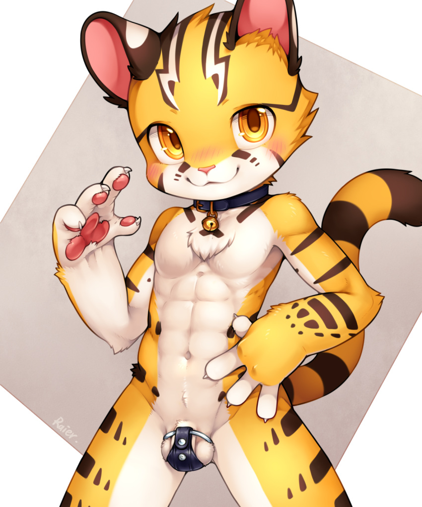 amber_eyes anthro balls blush bulge chest_tuft claws clothing collar cub felid hi_res jingle_bell leather looking_at_viewer male mammal muscular navel pantherine pawpads penis raier smile solo standing tiger tuft underwear unrealplace young