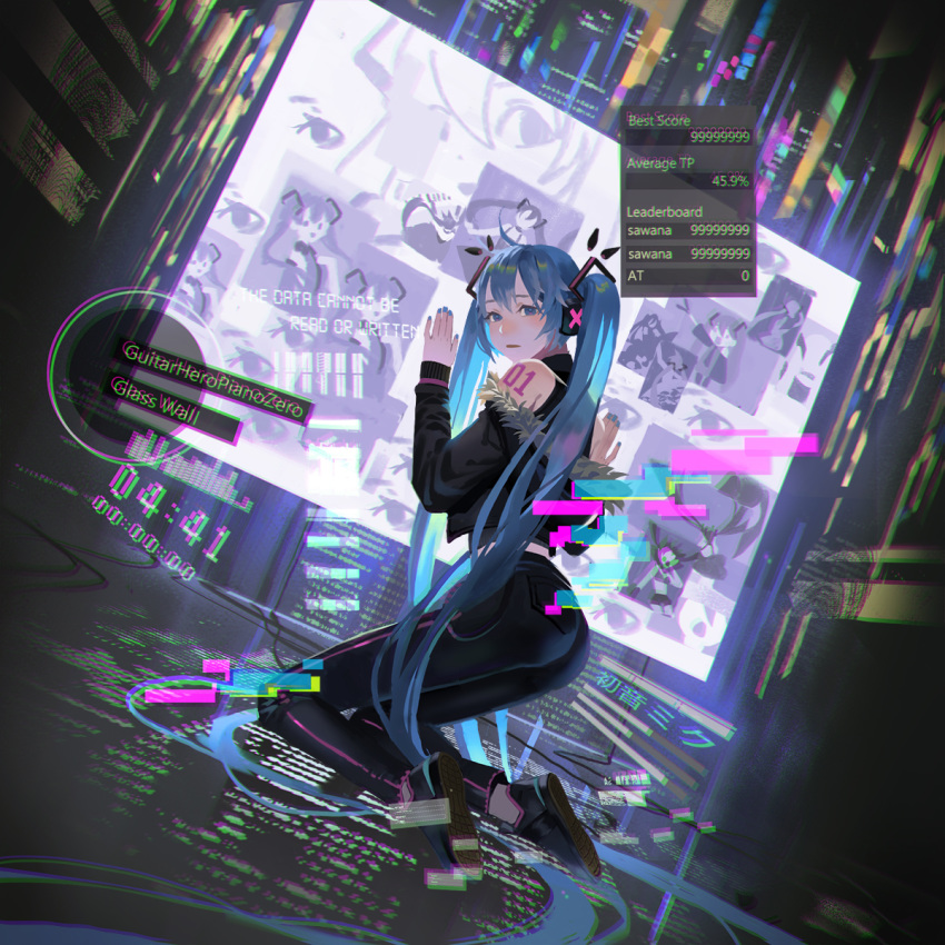 1girl alternate_costume aqua_eyes aqua_hair aqua_nails artist_name blurry character_name dark dutch_angle fur_trim guitar_hero hatsune_miku highres holo loituma long_hair looking_at_viewer looking_back midriff monitor power_lines sawana screen_light solo tattoo twintails vocaloid