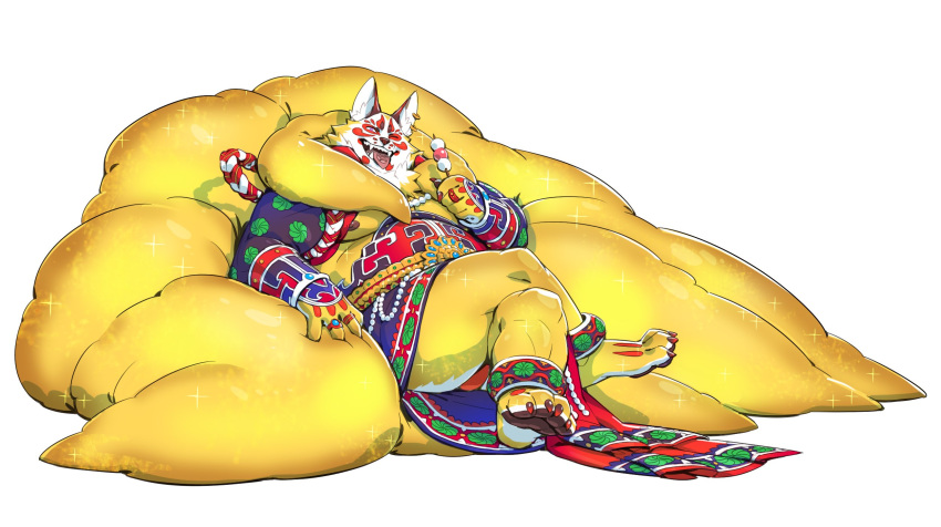 2018 4_toes 5_fingers barefoot belly big_tail bodypaint canid canine clothing dessert face_paint fingers food fox fox_earring fur hi_res hyper_tail ice_cream jacketbear kabuki male mammal nipples open_mouth open_smile overweight overweight_male pawpads pentagram pink_eyes reclining ring sitting smile toes yellow_fur