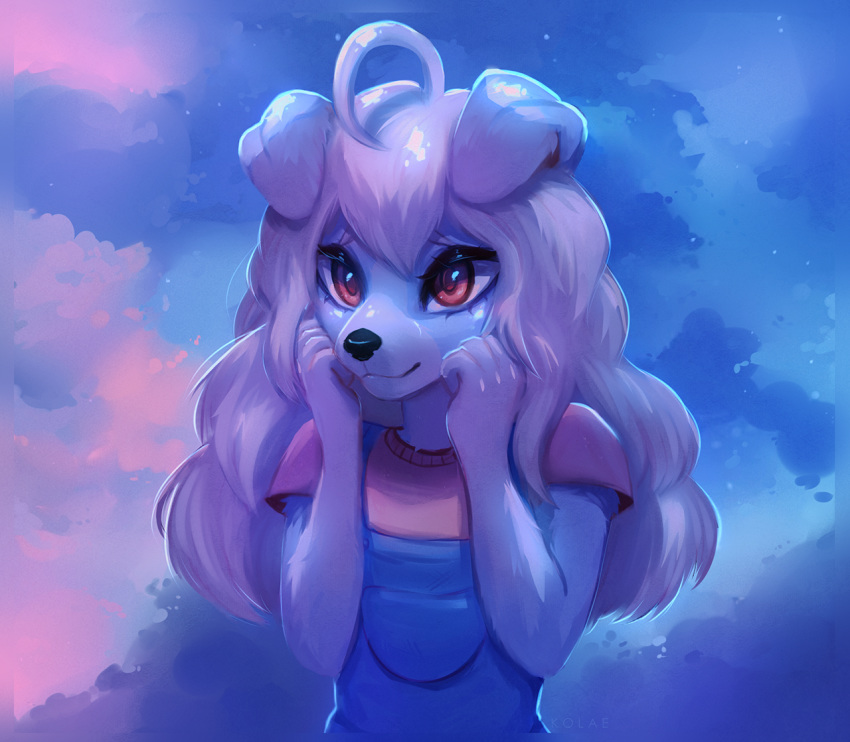 ahoge anthro canid canine canis clothed clothing cloud collie domestic_dog female fur hair half-length_portrait hand_on_face herding_dog kolae long_hair mammal overalls pastoral_dog portrait sheepdog sky smile solo