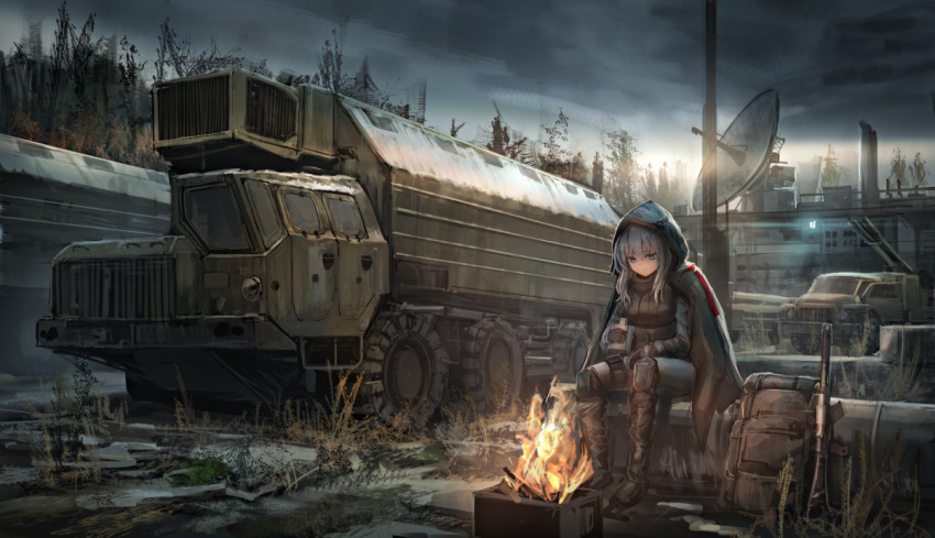 1girl as_val assault_rifle backpack backpack_removed bag bangs black_gloves blue_eyes breasts building campfire car cloak cloud eyebrows_visible_through_hair fire flask formal frown gloves grey_hair grey_sky ground_vehicle gun hair_between_eyes holding holding_flask hood hood_up knee_pads lithium10mg long_hair long_sleeves looking_down military military_base military_vehicle motor_vehicle original pants rifle satellite_dish sitting sky solo suit thigh_strap weapon wheel zu-23-2