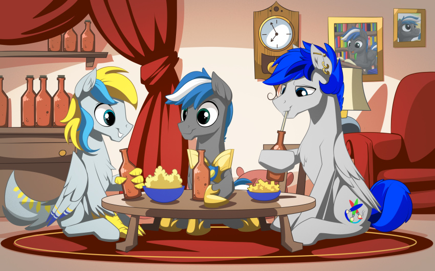 16:10 beverage blonde_hair blue_eyes blue_hair blue_tail bottle chest_tuft cirrus_sky cloud_zapper_(mlp) cutie_mark detailed_background digital_media_(artwork) drinking drinking_straw equid equine fan_character feathered_wings feathers feral food friendship_is_magic fur glass_bottle green_eyes grey_fur grey_tail group hair hi_res hooves horse hybrid inside looking_at_another male mammal my_little_pony mysticalpha nude pony popcorn pterippus sitting smile table tuft turquoise_(mlp) white_hair wings