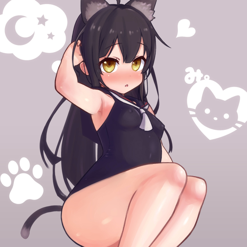 1girl :o ahoge animal_ear_fluff animal_ears arm_up armpits bangs bare_arms bare_shoulders black_hair black_sailor_collar black_swimsuit blush breasts brown_eyes cat_ears cat_girl cat_tail commentary_request covered_nipples crescent eyebrows_visible_through_hair grey_background hair_between_eyes heart highres kantai_collection long_hair mikazuki_(kantai_collection) one-piece_swimsuit parted_lips rose_neru sailor_collar small_breasts solo star swimsuit tail thighs very_long_hair white_neckwear