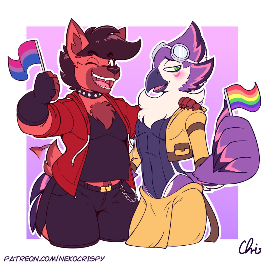 1:1 anthro avian bird blush canid canine canis clothing domestic_dog duo flag hair hi_res lgbt_pride male mammal nekocrispy one_eye_closed wink