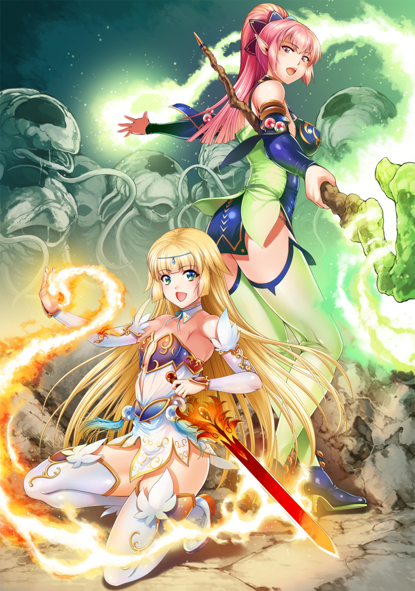 2girls arm_up armpits ass blonde_hair blue_dress blue_footwear blue_sleeves circlet commentary_request detached_sleeves dress elf fire gen_(genetrix) green_eyes green_legwear high_heels highres kneeling kneepits long_hair magic monster multiple_girls one_knee open_mouth original outstretched_arms pink_eyes pink_hair pointy_ears ponytail shoes short_dress staff sword tentacles thighhighs thighs weapon white_dress white_footwear white_legwear white_sleeves zettai_ryouiki