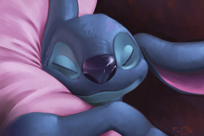 2019 alien blue_fur blue_nose disney experiment_(lilo_and_stitch) eyes_closed flyttic fur lilo_and_stitch one_ear_up pillow sleeping smile solo stitch_(lilo_and_stitch)