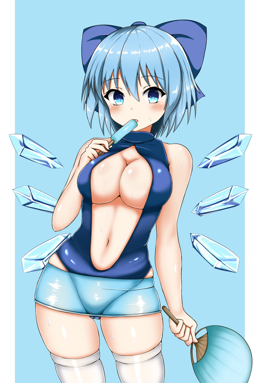 1girl absurdres alternate_breast_size alternate_costume ass_visible_through_thighs bangs bare_shoulders blue_background blue_bow blue_skirt blue_swimsuit bow breasts cameltoe casual_one-piece_swimsuit center_opening cirno cleavage cowboy_shot detached_wings elbow_gloves fan food gloves hair_between_eyes hair_bow highres holding holding_fan holding_food ice ice_wings isshin_(sasayamakids) large_breasts miniskirt navel one-piece_swimsuit paper_fan parted_lips popsicle short_hair simple_background skindentation skirt solo sweat swimsuit thighhighs touhou uchiwa white_legwear wings