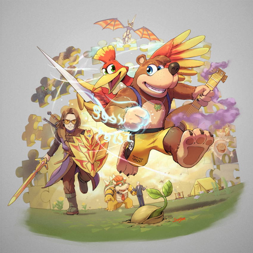 backpack bag bald banjo-kazooie banjo_(banjo-kazooie) bear bird blue_eyes bowser brown_hair chibi crossover doug_bowser dragon_quest dragon_quest_xi earrings feathers field formal ghost gloves green_eyes hat hero_(dq11) highres jewelry kazooie_(banjo-kazooie) link long_hair looking_at_viewer luigi luigi's_mansion male_focus mario_(series) multiple_boys open_mouth panzer_dragoon puzzle_piece real_life sega shield short_hair shorts simple_background smile stup-jam suit sunglasses super_smash_bros. sword the_legend_of_zelda the_legend_of_zelda:_link's_awakening weapon wings