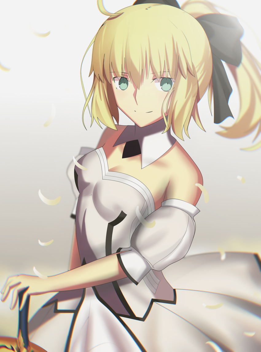 1girl ahoge aqua_eyes artoria_pendragon_(all) black_bow blonde_hair bow breasts cleavage closed_mouth detached_collar detached_sleeves dress excalibur fate/unlimited_codes fate_(series) floating_hair grey_background hair_bow hand_on_hilt highres long_hair looking_at_viewer medium_breasts petals ponytail saber_lily short_sleeves sidelocks sitnon sleeveless sleeveless_dress smile solo standing strapless strapless_dress sword weapon white_dress white_sleeves