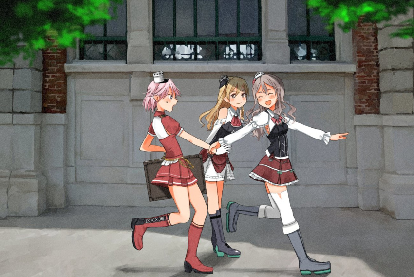 3girls annin_musou bare_shoulders blonde_hair boots bow bowtie braid breasts brown_eyes closed_eyes commentary_request dragging french_braid giuseppe_garibaldi_(kantai_collection) gloves grey_footwear grey_hair hair_between_eyes hat kantai_collection long_hair medium_breasts mini_hat miniskirt multiple_girls outdoors pink_eyes pink_hair pleated_skirt pola_(kantai_collection) red_footwear red_shirt red_skirt shirt short_hair skirt smile suitcase thick_eyebrows thighhighs wavy_hair white_gloves white_headwear white_legwear white_shirt zara_(kantai_collection)