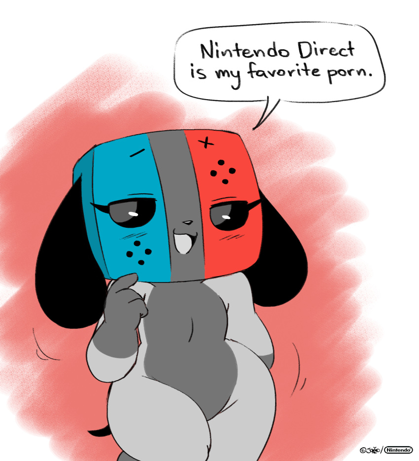 2019 animate_inanimate anthro black_nose blush canid canine canis dialogue digital_media_(artwork) domestic_dog english_text female floppy_ears fur grey_fur hi_res joaoppereiraus mammal motion_lines multicolored_fur nintendo nintendo_switch short_stack short_tail simple_background slightly_chubby smile speech_bubble switch_dog text thick_thighs video_games